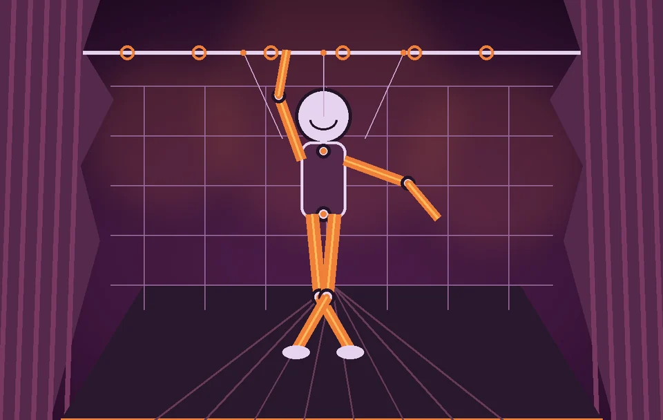 Personaggio stilizzato davanti a una griglia di rigging e giunti illuminati